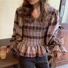 Puff-sleeve Plaid Blouse Gray - One Size