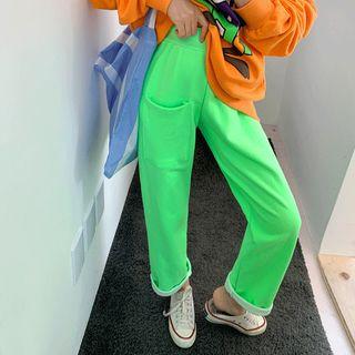 Drawstring-waist Patch-pocket Straight-cut Pants