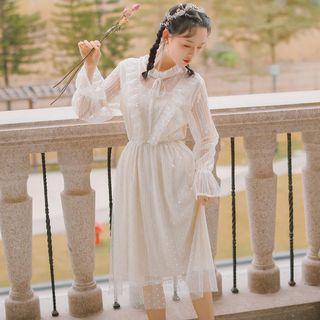 Lace Long-sleeve Gathered-waist Dress