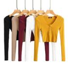Long-sleeve Button-front Cropped Knit Top