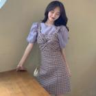 Set: Puff-sleeve Blouse + Plaid Mini A-line Overall Dress