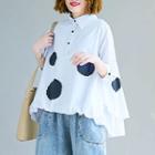 Elbow-sleeve Dotted Collared Top