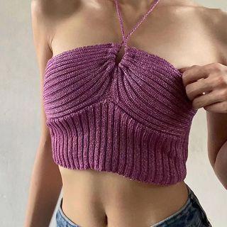 Halter Drawstring Knit Crop Tube Top