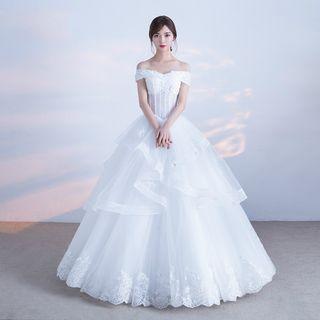 Flower Applique Off Shoulder Wedding Ball Gown