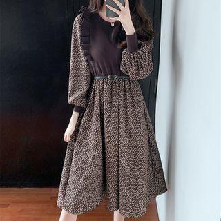 Puff-sleeve Flower Print Midi A-line Dress