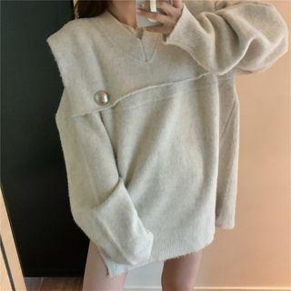 Long-sleeve Collared Plain Split Top