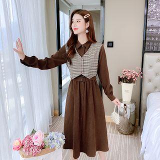 Set: Long-sleeve Shirtdress + V-neck Check Cropped Vest