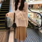 Long-sleeve Open Knit Top / Knitted A-line Skirt
