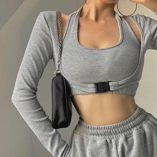 Set: Plain Long-sleeve Crop Jacket + Halter Sleeveless Top - 3 Colors