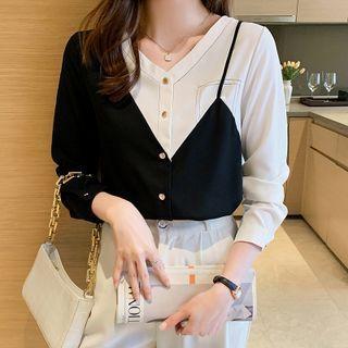 Two-tone Asymmetrical V-neck Chiffon Blouse