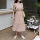 Puff-sleeve Perforated Long Lace Dress