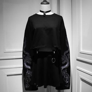 Dragon Embroidered Cropped Long-sleeve T-shirt Black - One Size