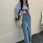 Mock Two-piece Striped Panel Denim Jumpsuit Blue - One Size