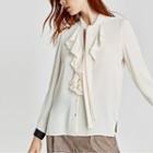 Bow Long-sleeved Color-block Open-front Blouse