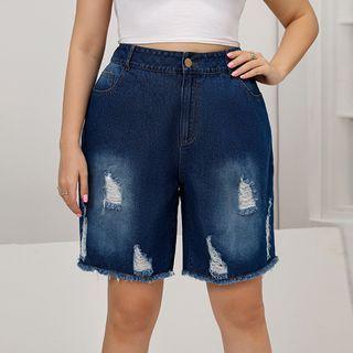 Plus Size High Waist Ripped Raw Hem Denim Shorts