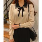 Contrast-collar Knit Top Beige - One Size