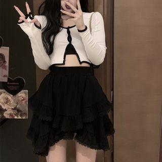 V-neck Cardigan / High-waist Plain Mini Skirt