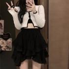 V-neck Cardigan / High-waist Plain Mini Skirt