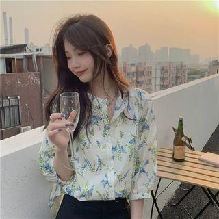 Puff-sleeve Floral Blouse Floral - Almond - One Size