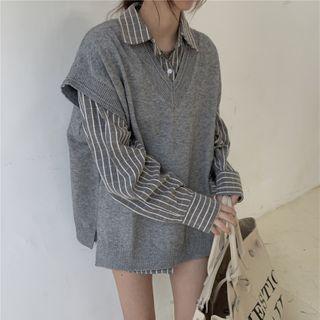Pinstriped Long-sleeve Shirt / Plain Knitted Vest