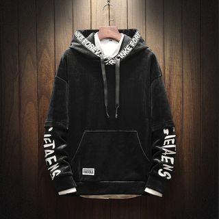 Mock Two-piece Lettering-trim Velvet Hoodie