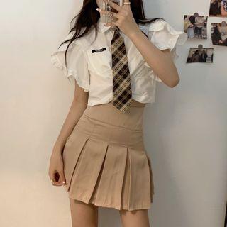Short-sleeve Ruffled Shirt / Pleated Mini A-line Skirt / Set