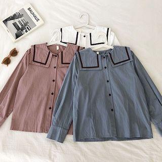 Color-block Trim Single-breasted Long-sleeve Blouse