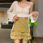 Halter-neck Drawstring Camisole Top / Shirred Jacket / Plaid A-line Skirt