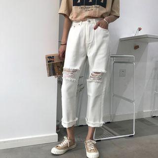 Cropped Straight Cut Ripped Jeans