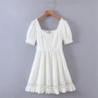 Puff-sleeve Frill Trim Lace Panel A-line Dress