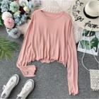 Ruffle-hem Plain Long-sleeve T-shirt