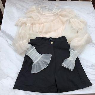 Frilled Trim Long Sleeve Mesh Top / Camisole Top / A-line Skort