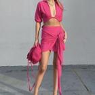 Set: Plain Cropped Blouse + Tie-strap Mini Pencil Skirt