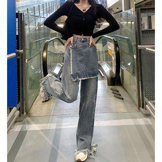 High Waist Patched Tasseled Trim Wide Leg Jeans