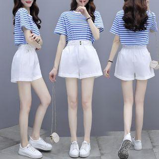 Set: Striped T-shirt + Plain Wide Leg Shorts