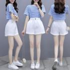 Set: Striped T-shirt + Plain Wide Leg Shorts