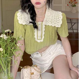 Short-sleeve Collar Cable-knit Crop Top