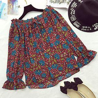 Floral Print Off-shoulder Long-sleeve Chiffon Top