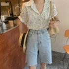 Short-sleeve Floral Print Shirt / Frayed Denim Shorts