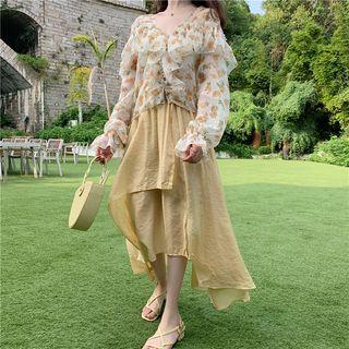 Long-sleeve Floral Ruffled Top / Asymmetric Midi Skirt