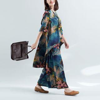 Set: Printed Elbow-sleeve T-shirt + Printed Wide-leg Pants