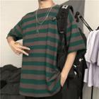 Couple Matching Elbow-sleeve Striped T-shirt Green & Gray - One Size