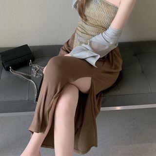 Two Tone Tank Top / Plain Cardigan / High-waist Plain Pleated Split Skirt