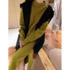 Mock-neck Loose-fit Sweater / Side-slit Maxi Skirt