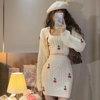Cherry Accent Cropped Camisole Top / Cardigan / Mini Pencil Skirt