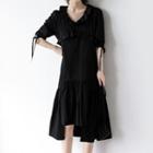 Irregular Hem V-neck Short Sleeve Dress Black - M