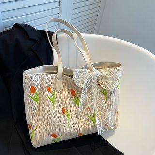 Flower Embroidered Woven Tote Bag