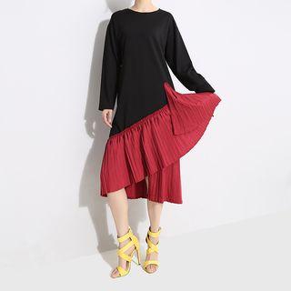 Pleated Trim Long-sleeve Midi Dress