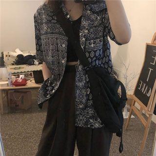 Patterned Elbow-sleeve Shirt Navy Blue - One Size