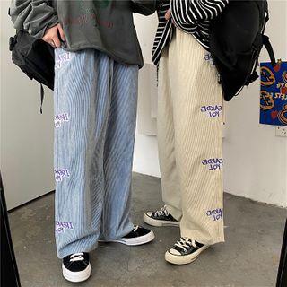 Corduroy Letter Embroidered Straight Cut Pants